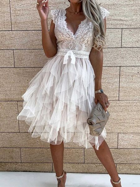 

casual dresses women elegant v neck lace patchwork solid party dress sleeveless lady summer mesh ruffle dress cute princess laceup dress z02, Black;gray