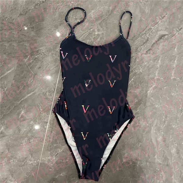 

seaside beach swimwear womens backless one piece swimsuit color letter print swimming suit, Black