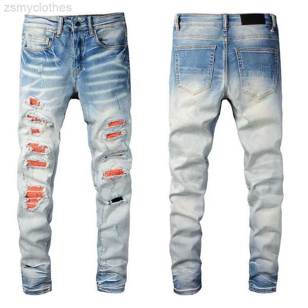 

men's jeans mens blue jeans for guys knee ripped slim fit skinny man torn pants orange patches wearing biker denim light stretch motorc
