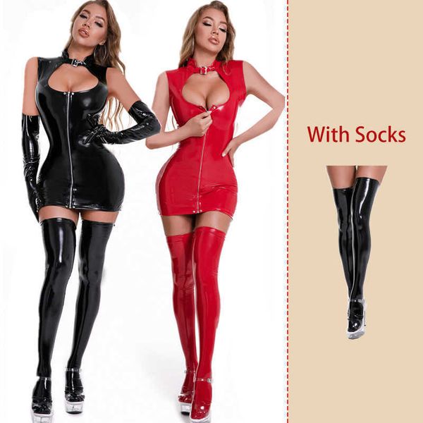 

casual dresses women leather dress with stockings gloves porno female breast exposing wet look latex erotic mini micro dress z0216, Black;gray