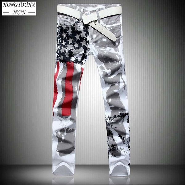 

men's jeans mens male american flag printed streetwear casual pants fashion harajuku high elastic slimhip hop straight denim trousers 2, Blue
