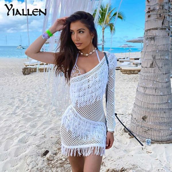 

casual dresses yiallen autumn new fashion see through one shoulder tassel mini bodycon dress women y2k streetwear beach club night dress z02, Black;gray