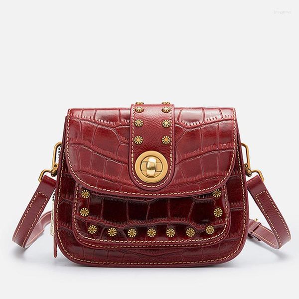 

shoulder bags female bag oil wax genuine leather real cowhide retro rivets small flap lady messenger crossbody