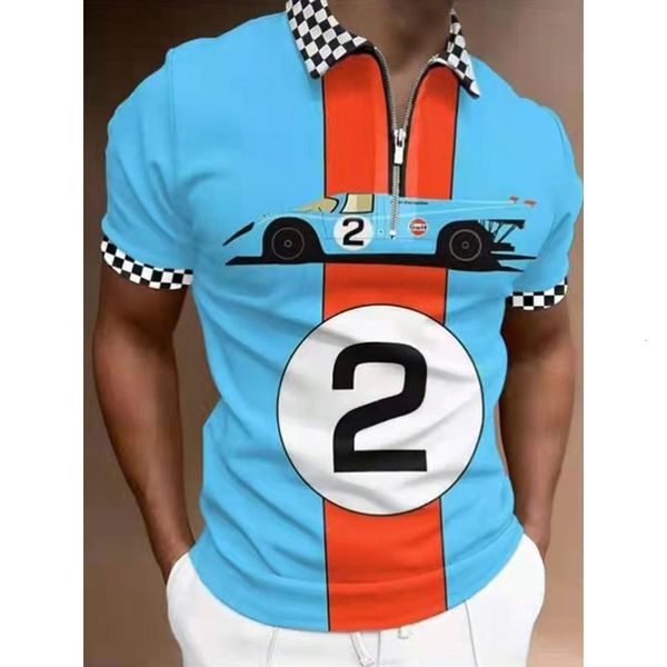 

men's polos summer men racing gulf pattern polo t-shirt male turn down collar zipper slim short sleeve stripe clothing fashion streetwe, White;black