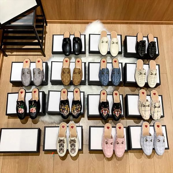 

designer mules slippers leather sandals casual shoes chain shoe women loafers horsebit half drag princetown metal cowhide slipper, Black