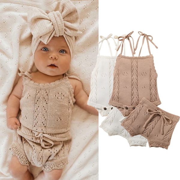 

clothing sets kids baby summer clothes for born baby boys girls solid lace-up knitted backless rompersdrawstring shorts beach outfits sets 2, White