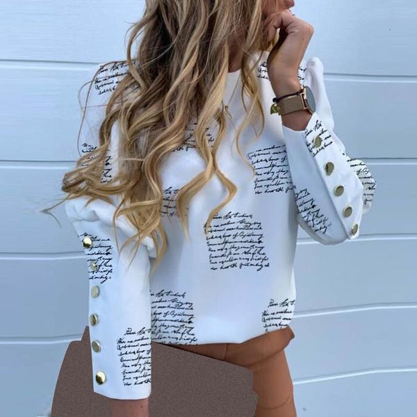 

women's blouses shirts elegant puff shoulder office ladies spring metal buttoned detail women pineapple print long sleeve 230217, White