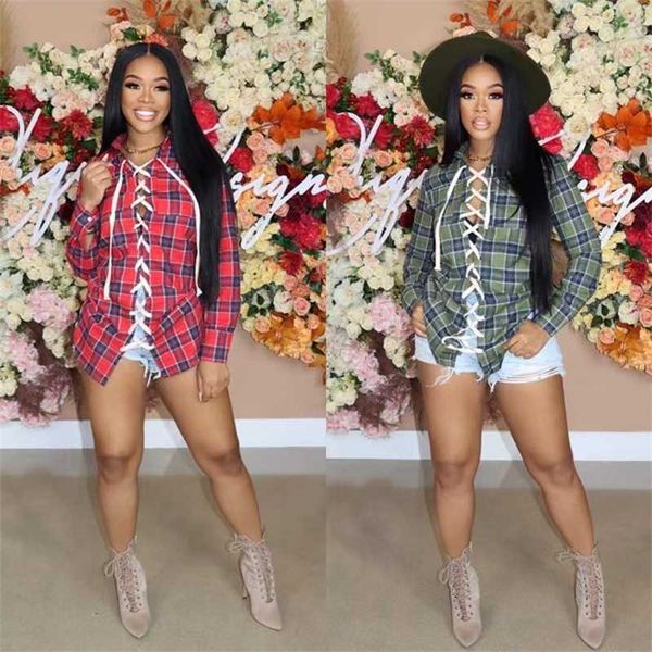 

women new style plaid blouses leisure long sleeve lace up shirt, White
