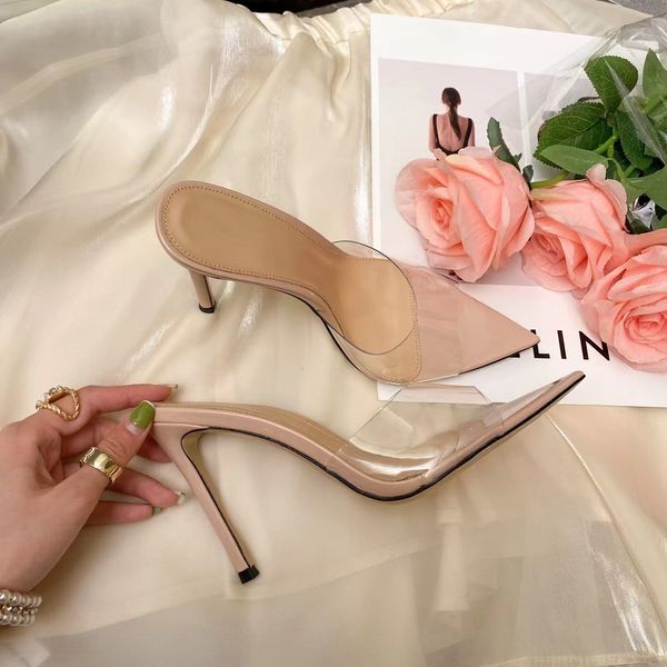 

high heel slippers transparent fashion womens shoes luxury design sandals 11.5cm thin heel summer white casual shoes our size 35-42 with box, Black