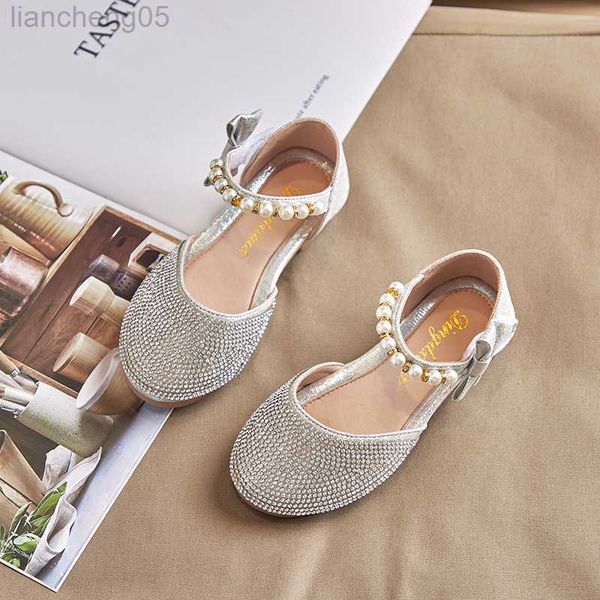 

sandals girls princess sandals children's pearl bow rhinestone flats shoes little children sweet soft non-slip kids shoes e954 w0217, Black;red