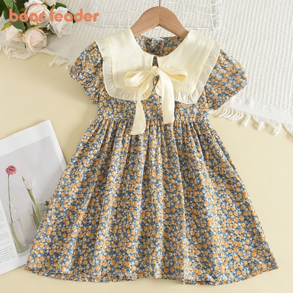 

girls dresses bear leader casual summer kids floral clothes bow patchwork baby princess flower 230217, Red;yellow