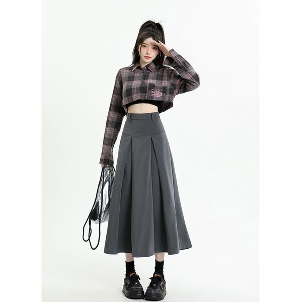 

skirts grey highwaist pleated for women in early spring 2023 design sense medium length temperament versatile aline 230217, Black