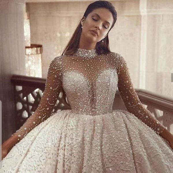 

2023 ball gown wedding dresses long sleeves lace appliques sequins arabic dubai wedding dress formal church plus size bridal gowns vestidos, White