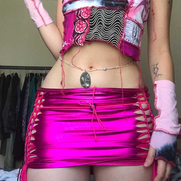 

adogirl women bandage high waist hollow out mini summer solid color party streetwear y2k short bottoms 2023 skirt, Black