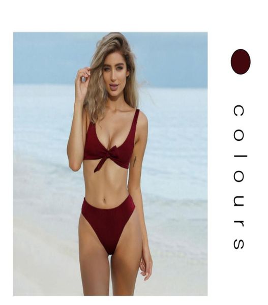 

bow solid color bikini large v neckline high waist briefs women biquini multiple colour push up swimwear4646793