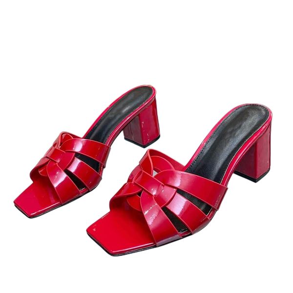 

slippers womens high heeled patent leather sandals with a 6.5cm middle heel designer factory flip flop summer classic flat shoes our size 35, Black
