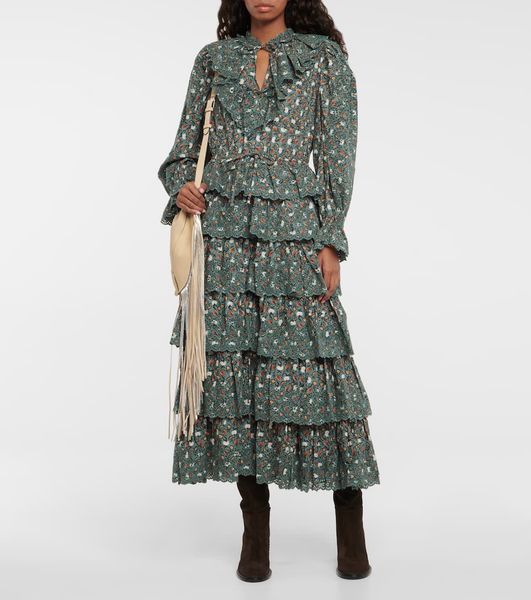 

runway dress v-neck puff sleeve floral printed midi dress fringed dress, Black