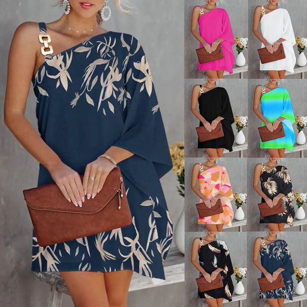 

casual dresses one shoulder dress women fashion printed loose office mini straps batwing sleeve beach party 230217, Black;gray