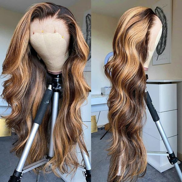 

human chignons highlight wig hair brazilian brown colored 13x4 hd lace front s for women ombre body wave frontal 230217, Black