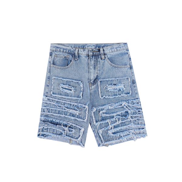 

ripped patchwork hole cut casual summer jeans shorts for men high street oversized baggy denim knee length pants