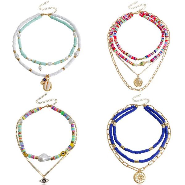 

tennis necklaces summer bohemian multi-layered polychrome soft ceramic devil's eye necklace women's versatile necklace, Black