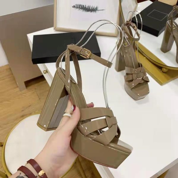 

famous brand designer tribute patent soft leather platform sandals womens high heel stiletto gladiator sandalias t-strap lady shoes pumps 35, Black