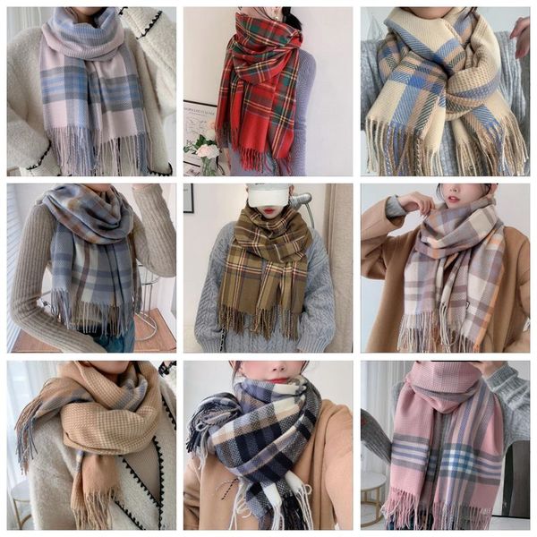 

plaid scarves fringed grid wraps girls tassel pashmina blankets scarf imitation cashmere winter shawl thickened fashion lattice muffler chec, Red;brown