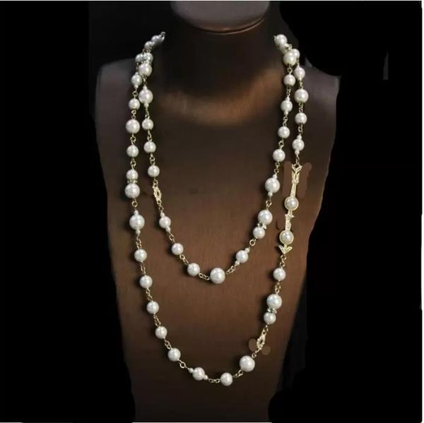 

pendant necklaces luxury jewelry pearl new bow and arrow letter pearl long sweater chain fashion temperament versatile brass material wholes, Silver