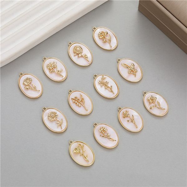 

handmade white shell oval shape flower charm pendant for diy necklace making, Bronze;silver