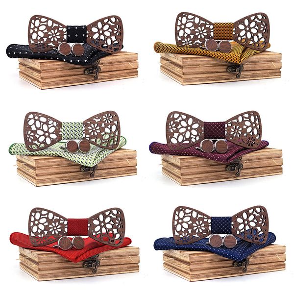 

bolo ties somesoor classic floral wooden bow tie set men handkerchief cufflinks necktie shirt bowknots for business wedding party suit 23021, Red