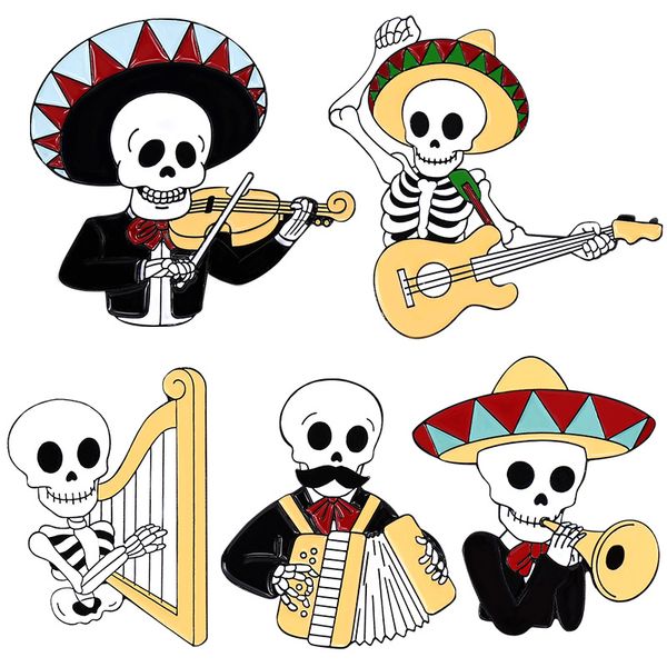 

punk style skeletons play musical instruments brooches set 5pcs cartoon accordion guitar violin horn enamel badges alloy pin halloween jewel, Gray