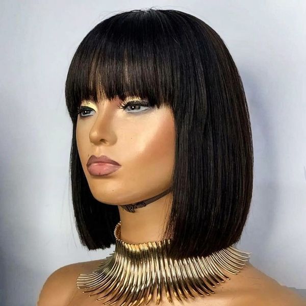 

lace wigs blunt cut straight bob wig peruvian human hair with bangs full machine remy short for black women 230217, Black;brown
