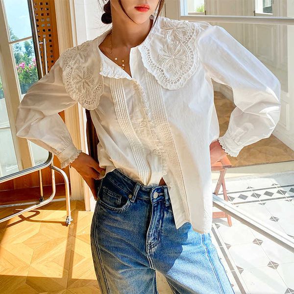 

spring new style long-sleeved design feeling doll collar french bubble sleeve white korean temperament women's dress shirt