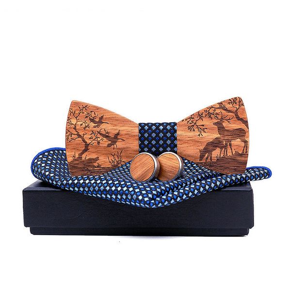 

bolo ties men wedding suit party christmas deer engrave wood bow tie striped handkerchief cufflinks bowtie pocket square neck tie set 230217, Red