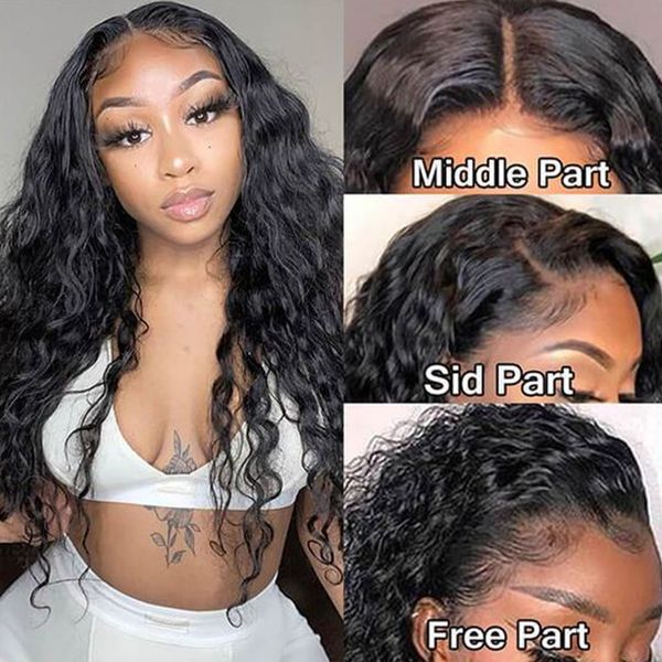 

water wave lace front wig hd lace frontal wig lace 30 inch curly human hair wig, Black