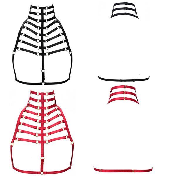 

suspenders hanaerne's gothic parallel line bra with stylish harajuku garter restraint cage carving harness sling red suspenders 230217, Black;white