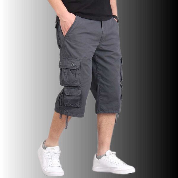 

men's shorts men's summer multipocket baggy cargo shorts cotton calf knee length pants male solid casual short trouser plus size 4, White;black