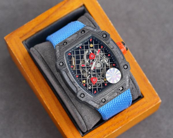 

classic luxury watch master black carbon fiber case mechanical automatic butterfly buckle nylon watch band hollowed out movement, Slivery;golden