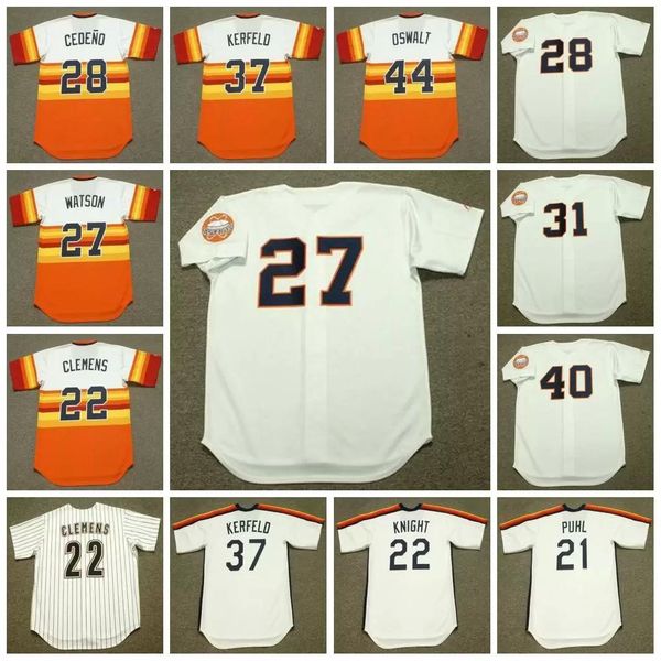 

houston vintage baseball jersey 21 terry puhl knight 1984 roger clemens 27 bob watson 1960's 28 cesar cedeno 1970 31 don larsen 1965 37, Blue;black