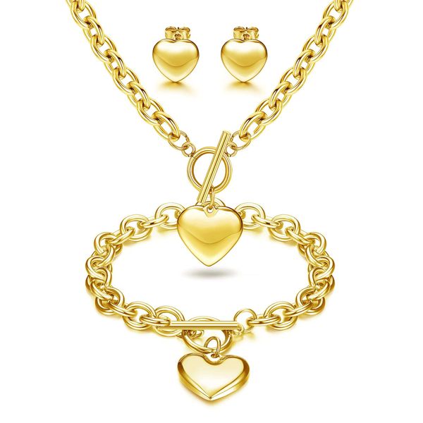 

luxury designer 3sets heart pendant necklace toggle chain bracelet heart stud earrings for women stainless steel charm love heart jewelry se, Black