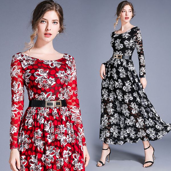 

2023 floral lace vintage maxi dresses women designer robe long sleeve o-neck slim birthday dinner red dress spring autumn ladies weekend caf, Black;gray