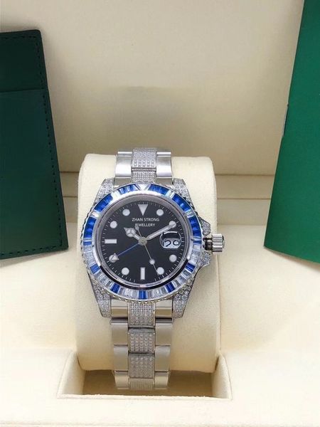 

colorful blue pink diamond bezel mens wristwatches classic stainless steel automatic mechanical movement men watch floding buckle sports wat, Slivery;golden