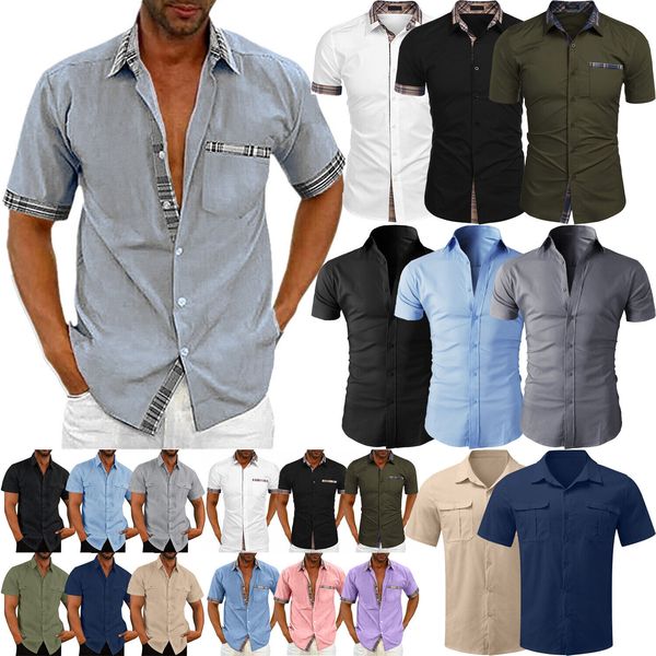 

mens short sleeve button shirts summer casual loose pockets t shirt blouse, White;black