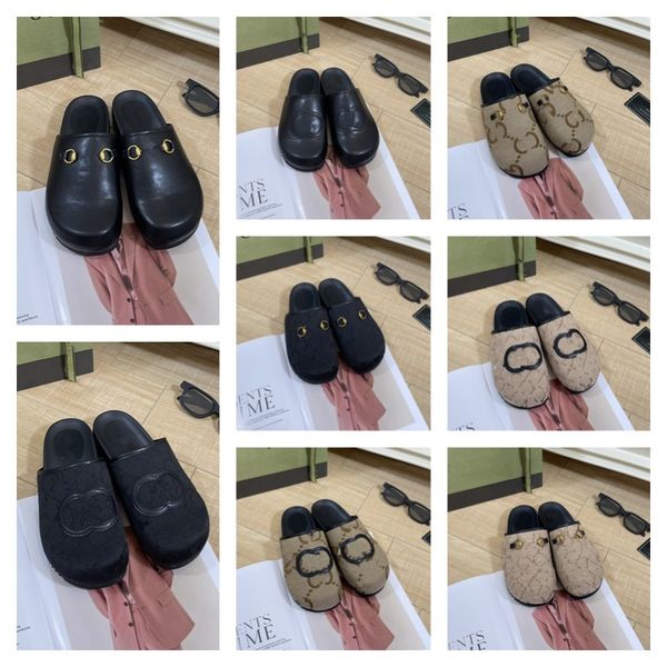 

2023 spring double g flat mules designers luxury women slippers loafer soft cowhide lazy womens lazy shoes metal buckle beach mule princetow, Black