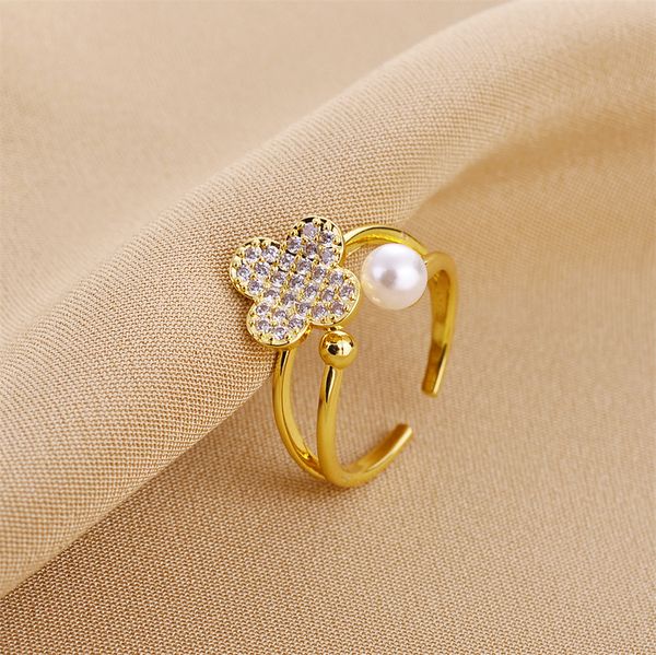 

luxury women micro pave clover ring adjustable size rings jewelry, Silver
