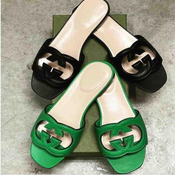 

sandals slipper genuine leather women flat slippers slide g- logo-cut out leather sandals luxury brand sandal with box 35-42size nvisw, Black