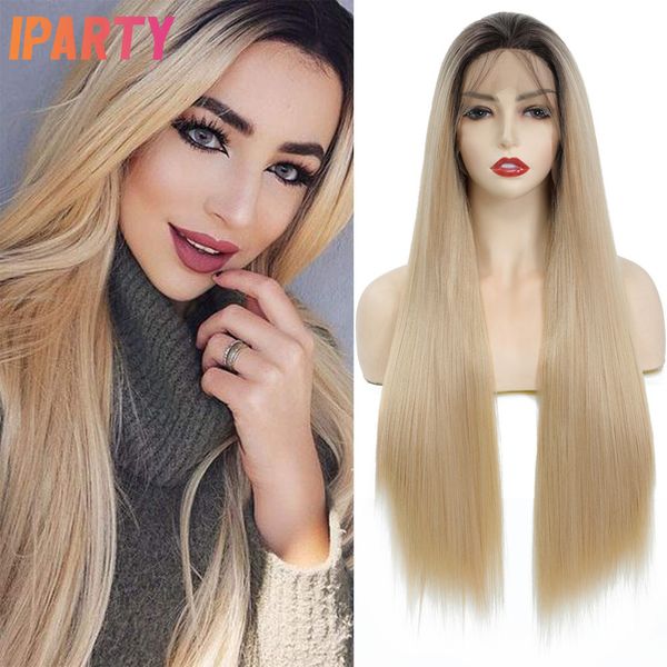 

human hair wigs synthetic lace ombre blonde 29 inches heat resistant fibers long straight part for women multi color optional daily 230217, Black
