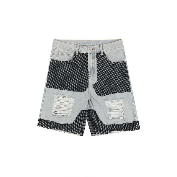 

hole ripped patchwork denim knee length pants men's summer vintage streetwear baggy jeans shorts oversized