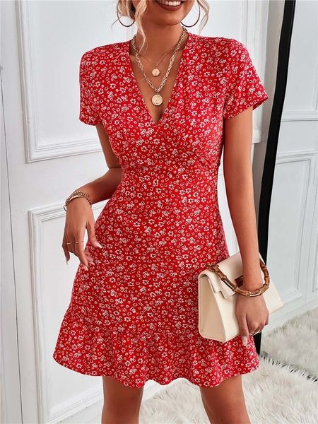 

casual dresses summer short boho women v neck print floral party ladies bohemian flower mini for 230217, Black;gray
