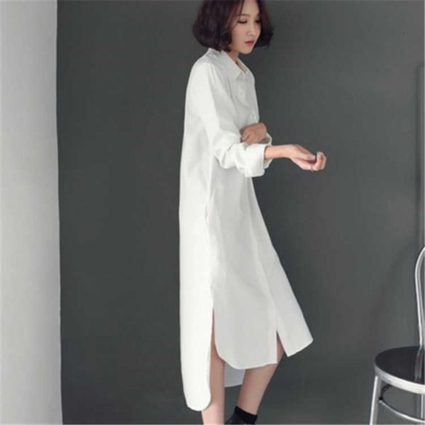 

spring white women's long sleeve korean fan loose super long shirt blouse silk